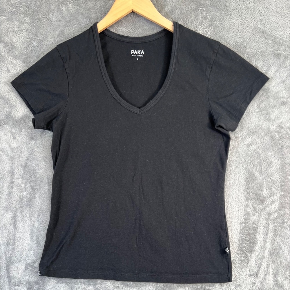 Paka T Shirt Womens Large Black Pima Cotton Alpaca Short Sleeve V Neck Peru